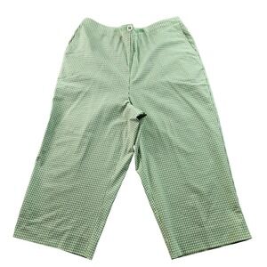 Alfred Dunner Cropped Pants Women's 14 Green White Gingham Stretch Elastic Waist